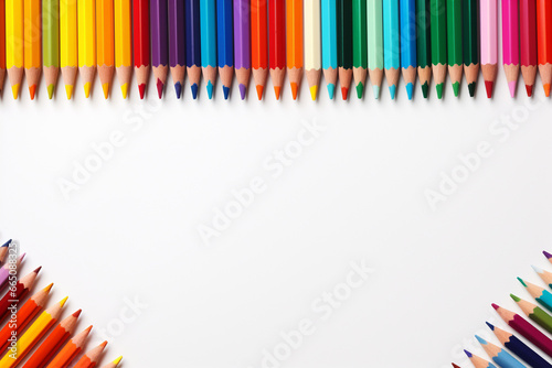 Colored pencils on white background with copy space for your text photo