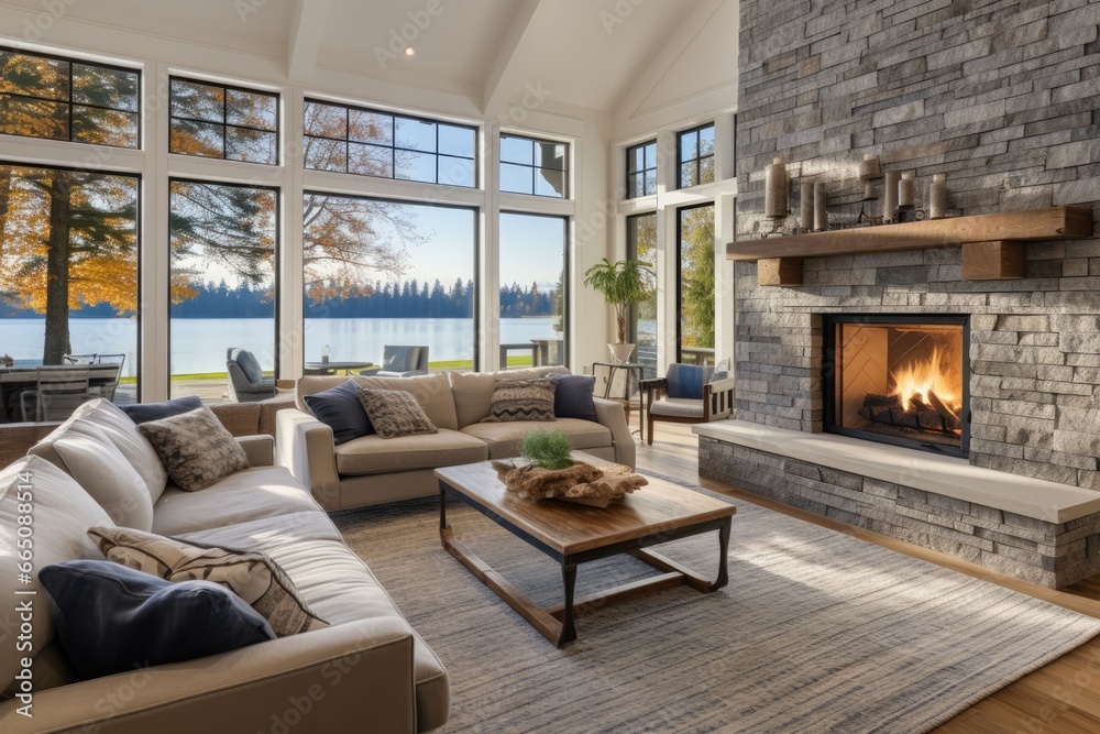 Naklejka premium A cozy and well-furnished living space with a warm fireplace