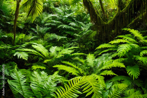 Digital photo of a tropical fern  its delicate fronds glistening with dewdrops  nestled among other plants in a lush rainforest canopy. Wildlife concept of ecological environment