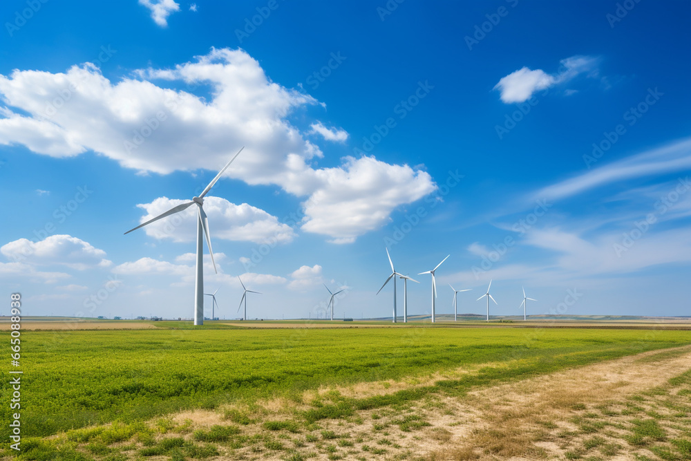 Wind turbines in a field under a blue sky with white clouds. Stock ...