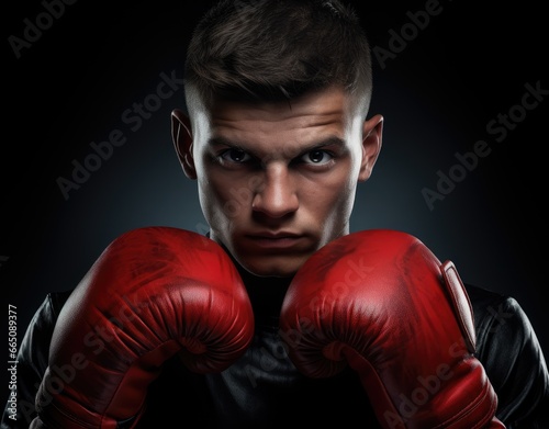 A confident boxer showing off his red gloves in a striking pose © pham