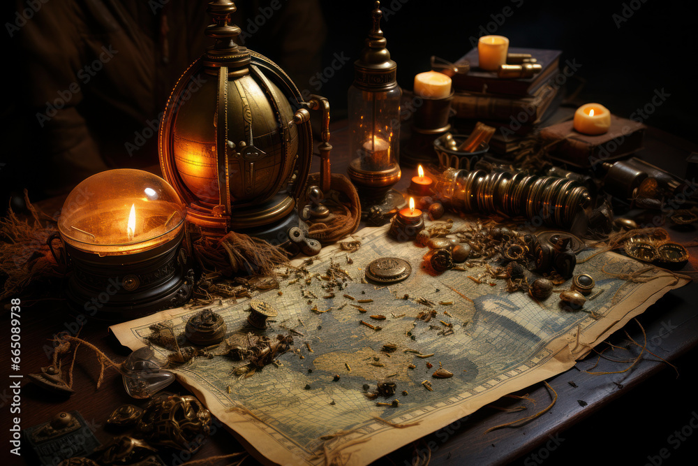 A tattered and yellowed treasure map, conjuring the allure of hidden