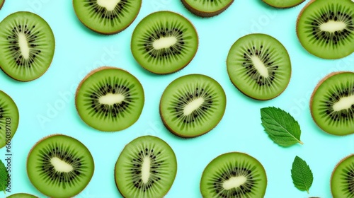 Slices of kiwi fruit and green mint leaves on a light pastel blue background. © Anowar