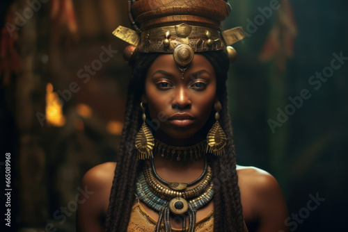 Portrait of beautiful Nigerian queen in traditional dress and ceremonial headgear with jewellery 