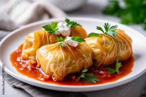 Stuffed cabbage with rice on a white table. photo