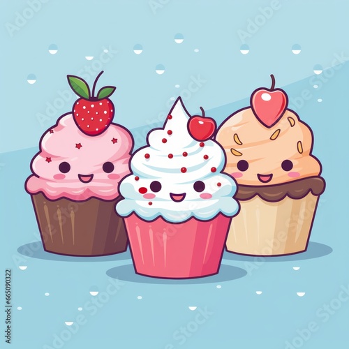 vector image of Cupcakes kawaii style