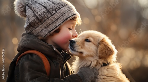 Unconditional Love: A heartwarming scene of a young boy sharing a loving kiss with his adorable dog, capturing the pure bond of friendship