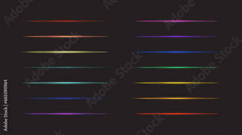 Set of transparent horizontal light lines, rainbow glow