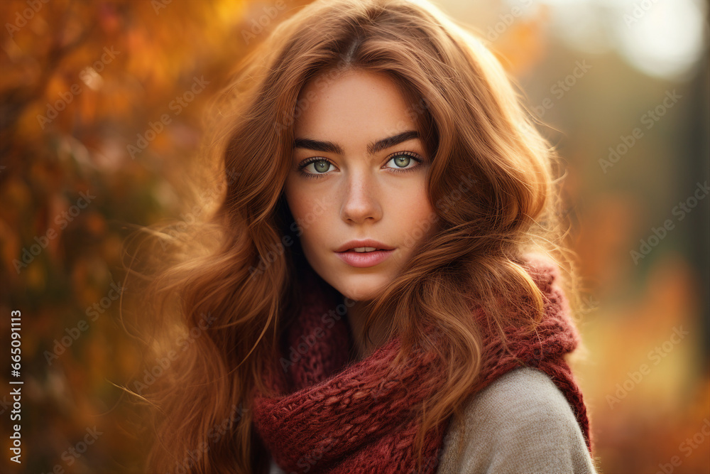 Generative Ai illustration of stunning woman surrounded by dry foliage autumn decorations background Generative Ai illustration of stunning woman surrounded by dry foliage autumn decorations background
