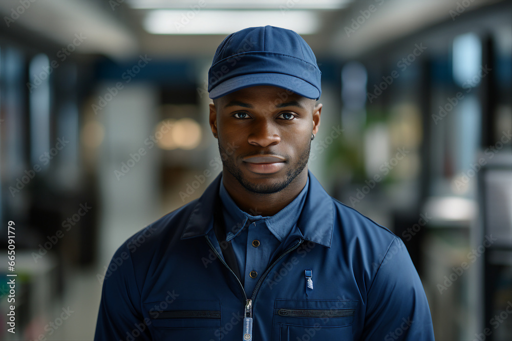 Generative AI picture of black man postman in uniform delivering parcel mail post to customer Generative AI picture of black man postman in uniform delivering parcel mail post to customer