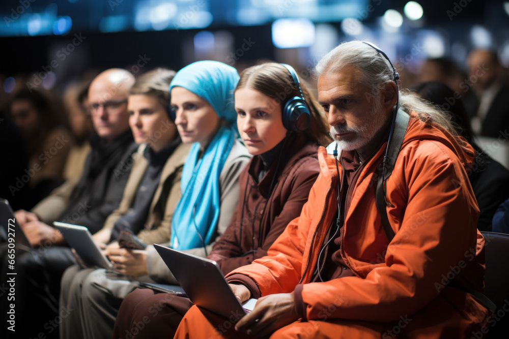 A group of international delegates at a climate summit, emphasizing the need for global cooperation in addressing environmental challenges. Concept of climate diplomacy. Generative Ai. A group of international delegates at a climate summit, emphasizing the need for global cooperation in addressing environmental challenges. Concept of climate diplomacy. Generative Ai.
