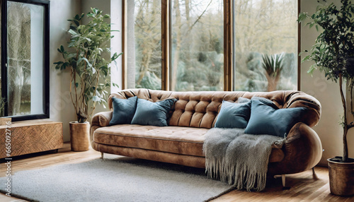 Shaggy brown leather couch with blue cushions by the window. Contemporary interior design of a modern Scandinavian-style living room