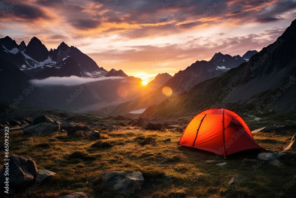 Luminous campsite beneath stunning sunset amidst the peaks. Generative AI