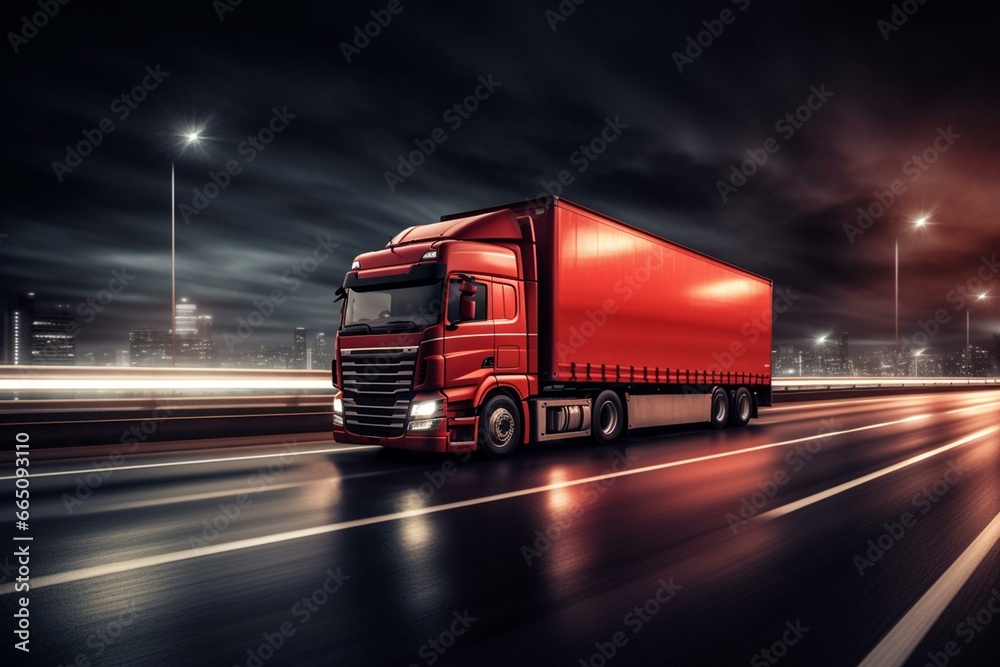 Blurred truck in motion at night, tilted angle and bokeh effect, representing traffic and freight logistics with a container on a highway. Generative AI