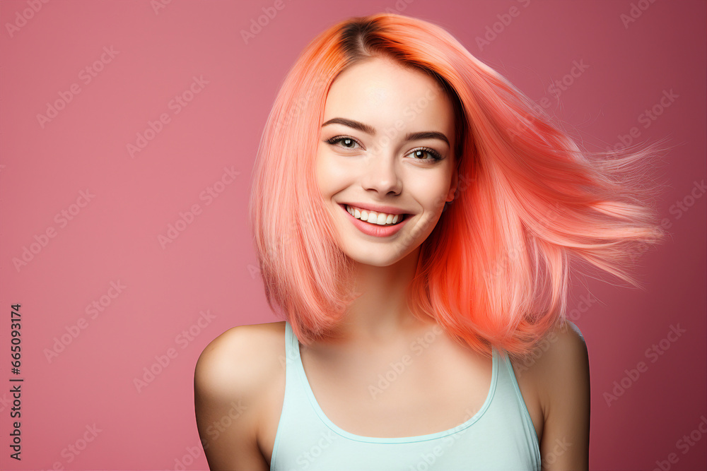Generative AI portrait picture of beautiful young girl after salon styling have pink orange bright coloring dyed hair Generative AI portrait picture of beautiful young girl after salon styling have pink orange bright coloring dyed hair