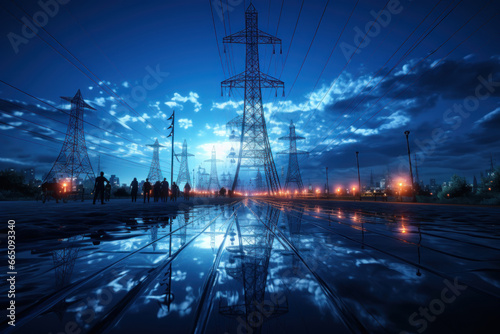 A network of high-voltage power lines transmitting electricity from a nuclear power plant. Concept of electricity generation. Generative Ai.