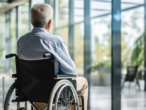 old man in wheelchair facing hospital window, waiting for disease therapy in the hospital