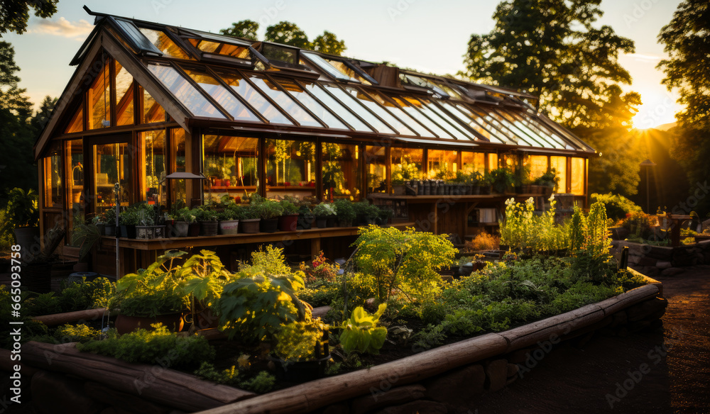Modern organic agricultural glasshouse. Big greenhouse at evening sunlight.