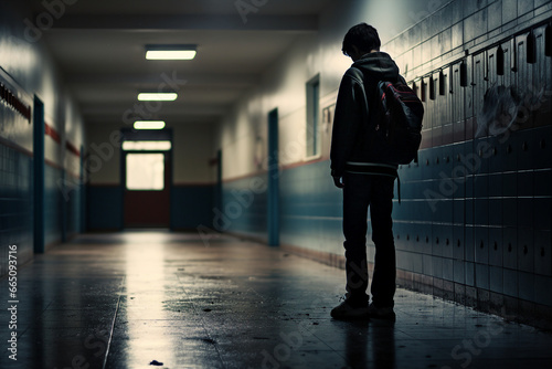 Generative AI photo of an upset unhappy young person suffering from depression and bullying in dark school corridor