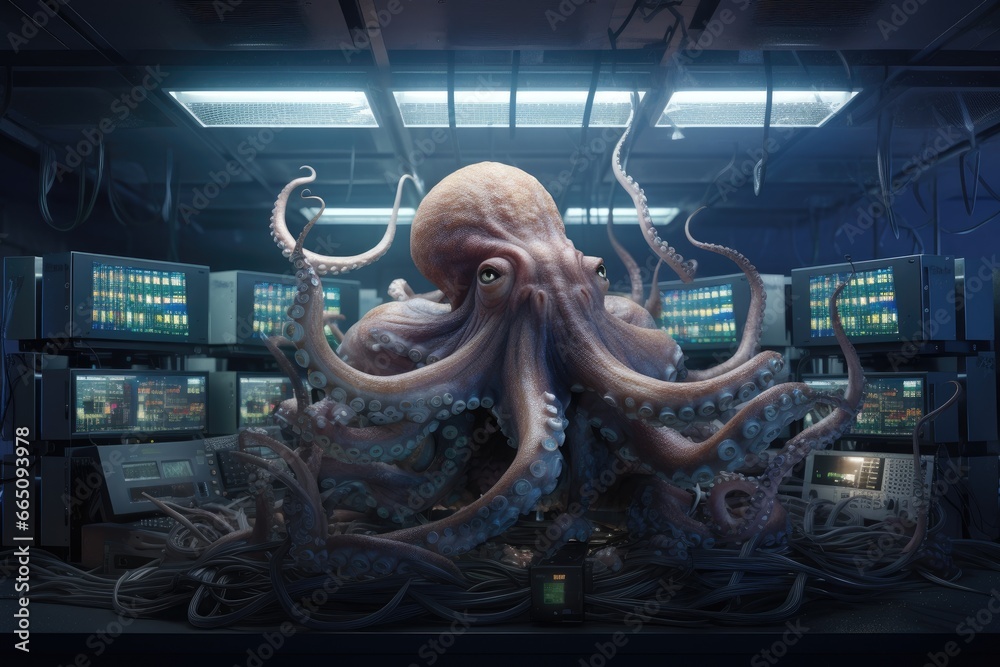 An intelligent octopus using computer monitors for its work - obrazy, fototapety, plakaty 