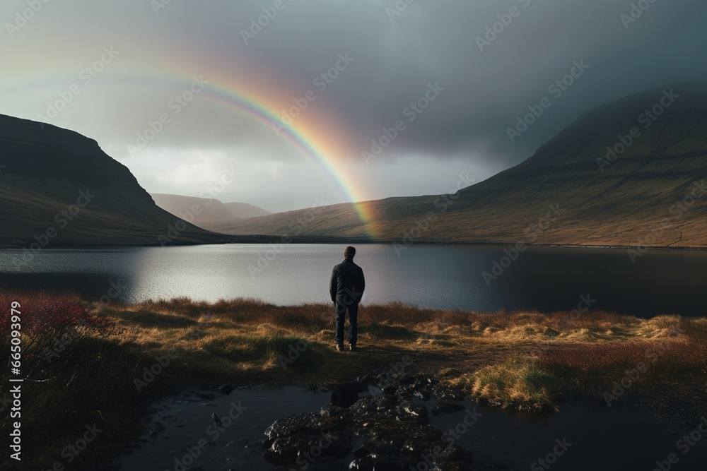 Embracing the Storm: A Lone Adventurer Under the Rainbow