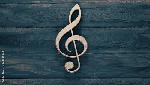 illustrazione con simbolo musicale chiave di sol, violino su sfondo in legno scuro photo