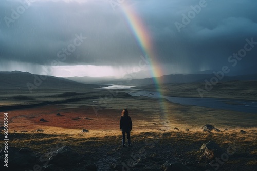 Embracing the Storm: A Lone Adventurer Under the Rainbow