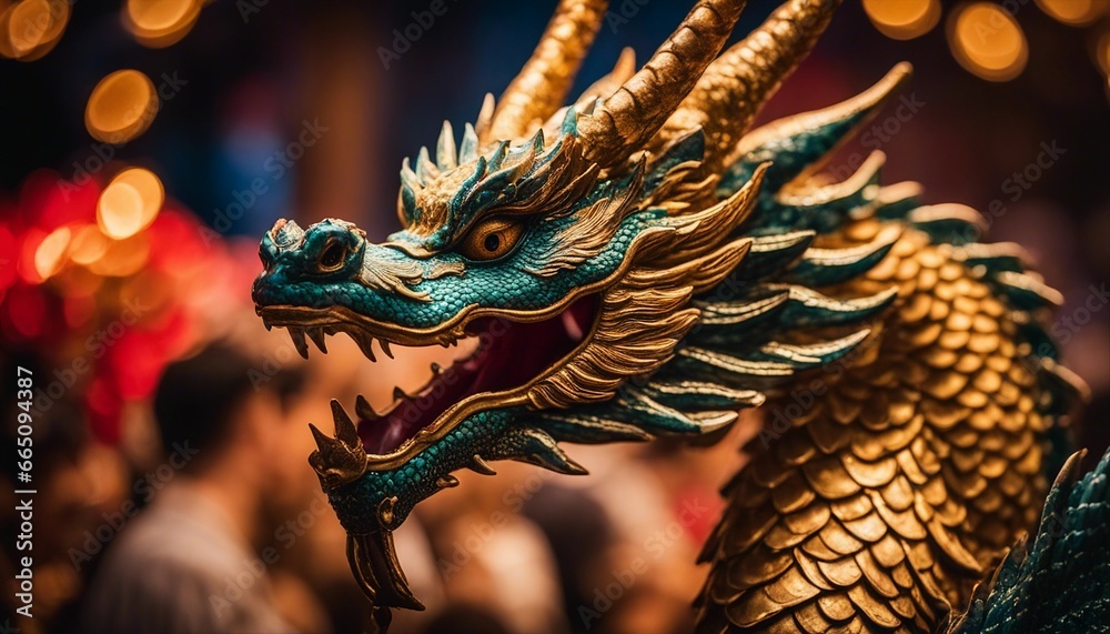 Majestic Dragon Shimmering in Moonlight Amid Revelers