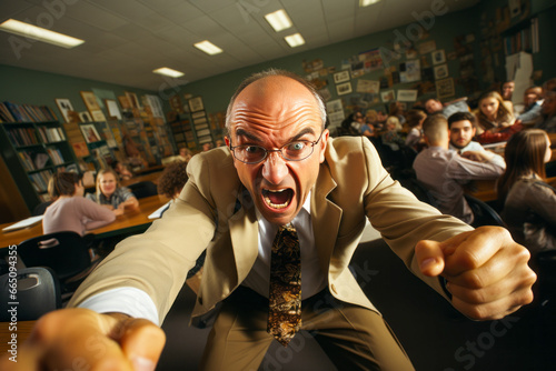 Irritated teacher glaring at messy classroom with clenched fists. photo
