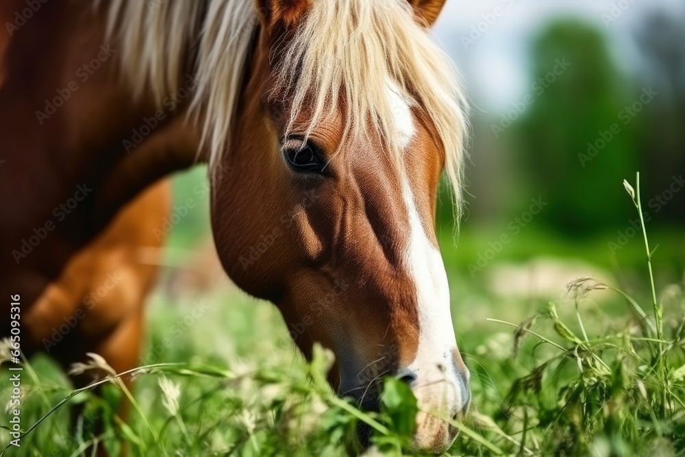 Brown horse with blond hair eats grass on a green meadow detail from the head. - obrazy, fototapety, plakaty 