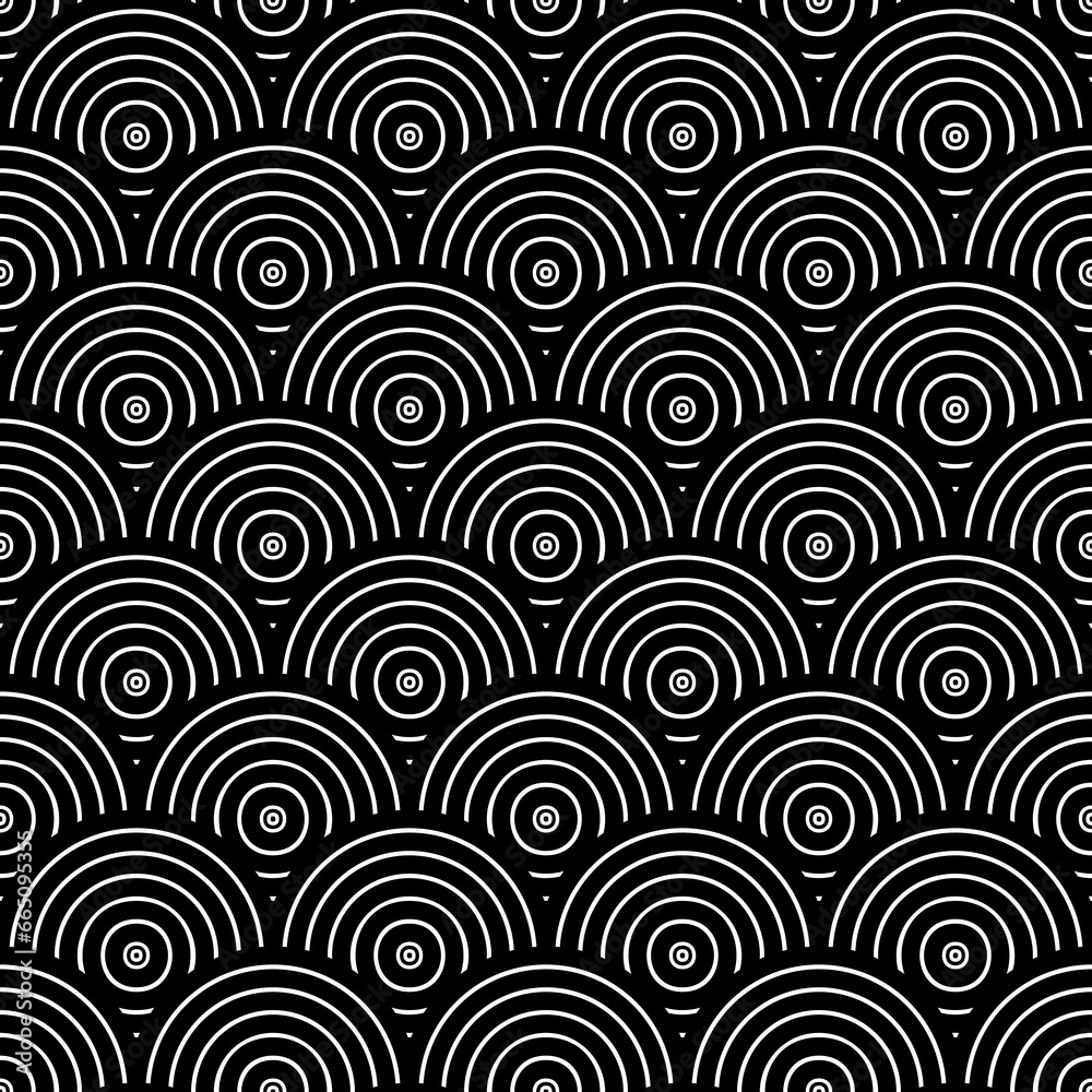 Fish scale wallpaper. Asian traditional ornament with repeated scallops. Repeated white circles and semicircles on black background. Seamless surface pattern design with rings. Vinyl motif. Vector.