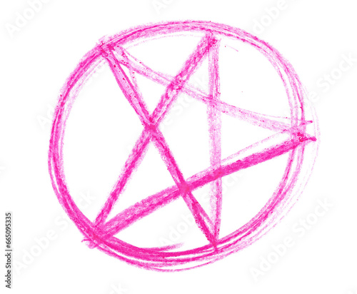 Photo grunge hand draw, scribble pentagram symbol, wax pastel, crayon isolated on white, clipping path
