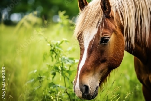 Brown horse with blond hair eats grass on a green meadow detail from the head.