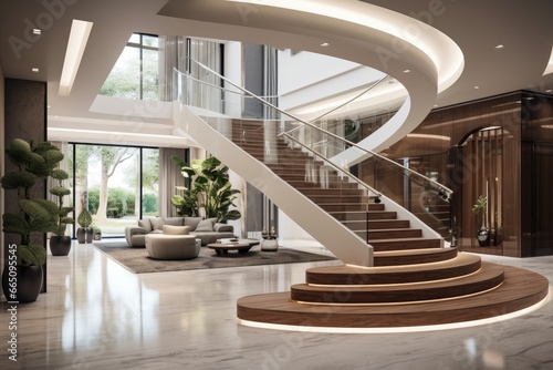 A spacious living room with an elegant spiral staircase as the focal point