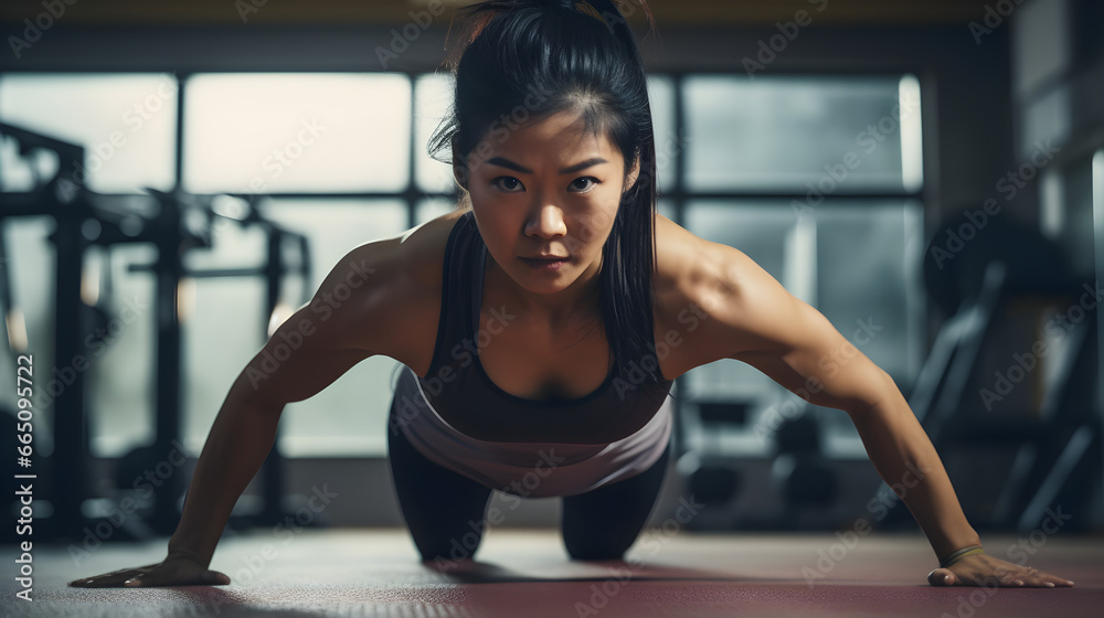 Asian woman in sportswear doing burpee on exercising mat as workout training routine. Generative AI Asian woman in sportswear doing burpee on exercising mat as workout training routine. Generative AI