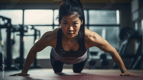 Asian woman in sportswear doing burpee on exercising mat as workout training routine. Generative AI