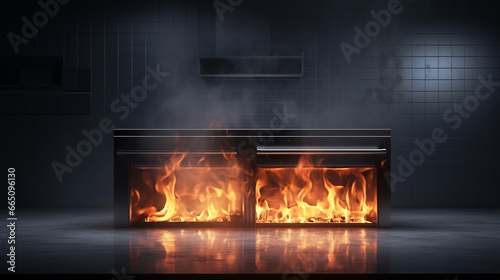 burning gas stove in fire in kitchen. Overheating and malfunctioning technology equipment for cooking and food preparing background with copy space