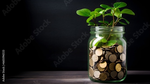 lush green plant thrives within a glass jar filled with coins. Financial Situation concept. Generative AI