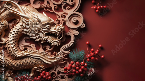 Happy Chinese New Year with relief of a dragon on a red background, the symbol of 2024. Greeting card