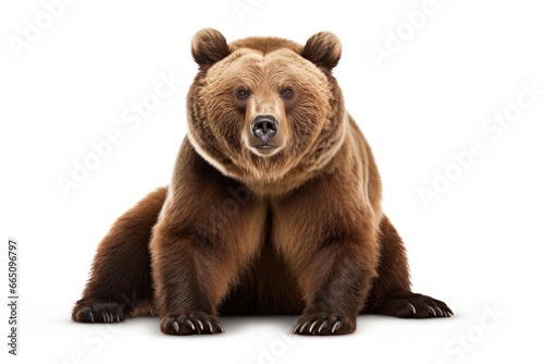A majestic brown bear sitting on a snowy white surface