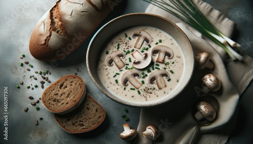 A harmonious portrayal of creamy mushroom soup is enriched with a sprinkle of chives. Beside the bowl, a slice of rye bread elegantly complements the composition.