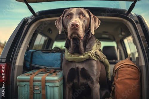 A loyal canine companion enjoying a ride in the truck with its travel essentials photo