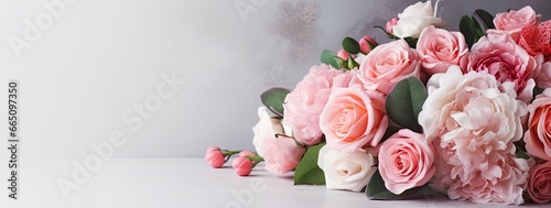Fresh bunch of pink peonies and roses with copy space. © Anowar