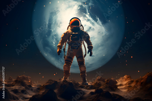 Astronaut stands on the surface of the unknown planet with a breathtaking landscape. Big beautiful planet in the background. Space and universe exploration concept