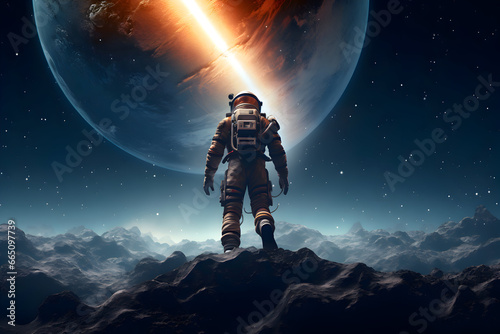 Astronaut stands on the moon and looks at a large planet. Galaxies in the universe. Space and universe exploration concept