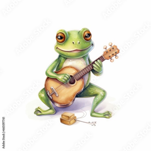Watercolor green frog playing a tiny musical instrument on white background. © Anowar