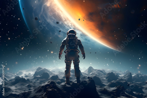 An astronaut stands on the surface of the moon, looking at the beauty of deep space. Space and universe exploration concept