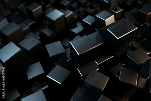 Arrangement of black 3D shapes forming a business abstract background, rendered in 3D. Generative AI