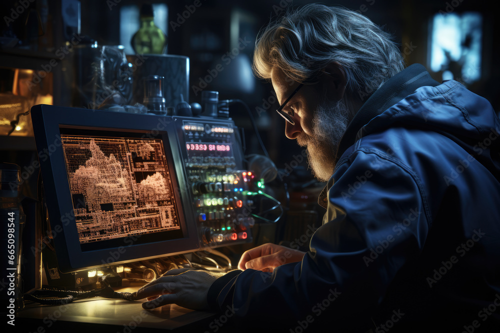 A scientist observing an oscilloscope's display of electrical waveforms, studying the characteristics of signals. Concept of waveform analysis. Generative Ai.