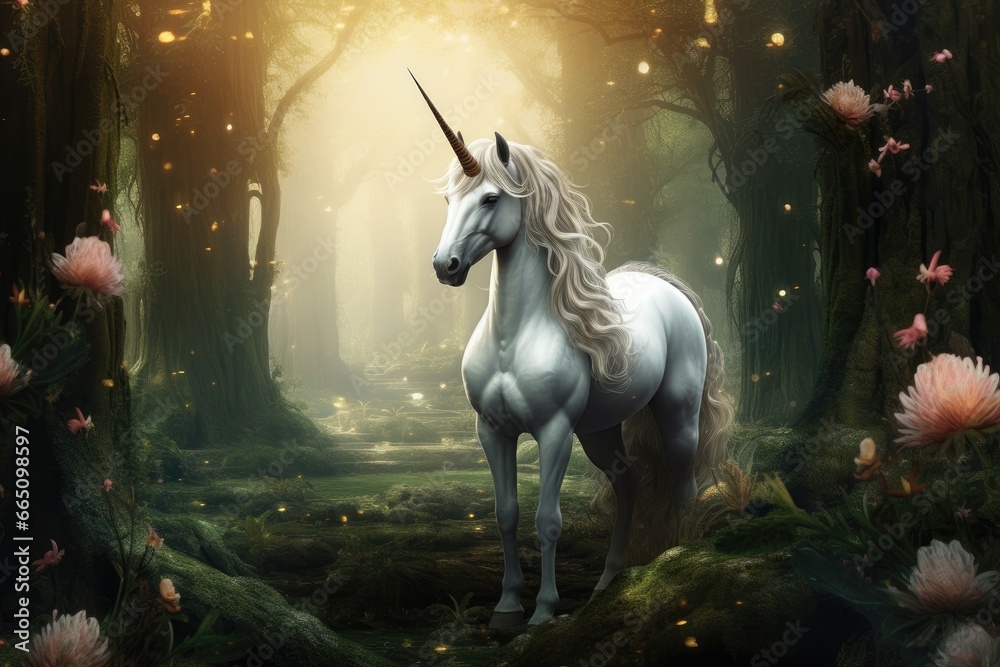 A majestic mythical creature in a magical woodland setting